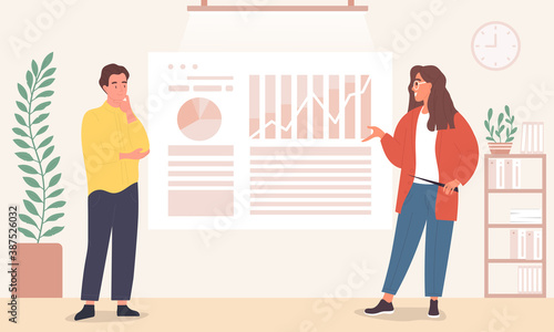 The boss and subordinate discuss business tasks while standing at the sales schedule. Flat cartoon vector illustration.