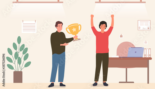 Male boss giving the subordinate a Cup for successful completion of tasks. Flat cartoon vector illustration