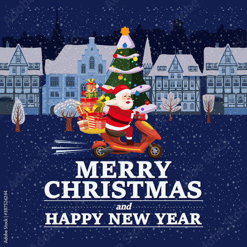 Santa Claus Van with text Merry Chrismas and Happy New Year 2021 rides a scooter delivering shipping gifts on night winter town. Vector illustration isolated cartoon style greeting card poster banner