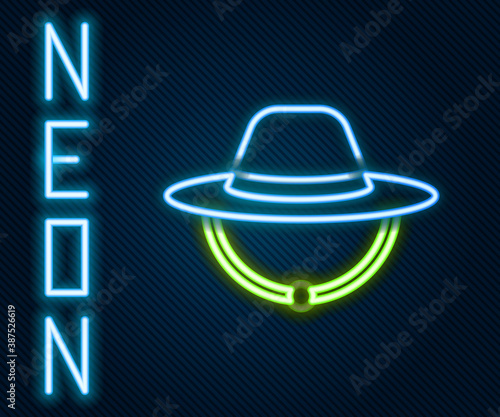 Glowing neon line Camping hat icon isolated on black background. Beach hat panama. Explorer travelers hat for hunting, hiking, tourism. Colorful outline concept. Vector.