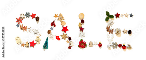 Colorful Christmas Decoration Letter Building English Word Sale. Festive Ornament Like Christmas Tree, Star And Ball. White Isolated Background photo