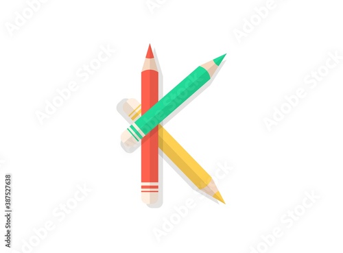 K letter font made of multicolored pencils. Vector design element for logo, banner, posters, card, labels etc.