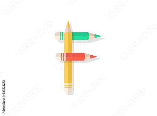 F letter font made of multicolored pencils. Vector design element for logo, banner, posters, card, labels etc.