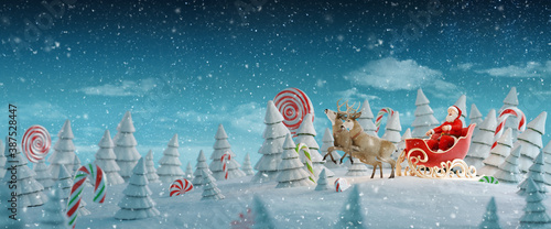 Happy Santa Claus in Christmas sleigh in a magical forest with candy canes.