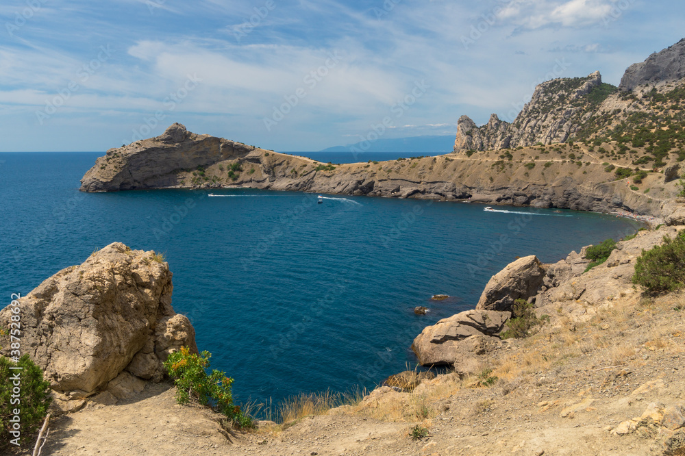 A view of Cape Kapchik and Green Bay of the Black Sea near Noviy Svet.  Travel and nature.