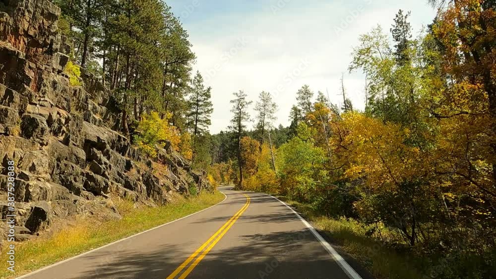 Black Hills South Dakota Autumn colors drive POV 4K. Black Hills of South Dakota. Mountain, valley, landscape scenic discovery. State Park with wildlife, lakes, campgrounds and picnic areas.