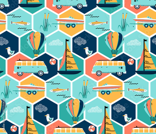 Day at the lake hexagon seamless pattern design