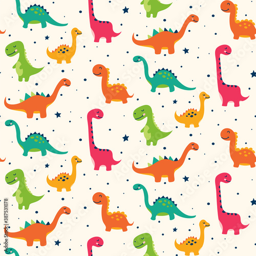 Fototapeta Naklejka Na Ścianę i Meble -  Cute dinosaur pattern - hand drawn childish dinosaur seamless pattern design