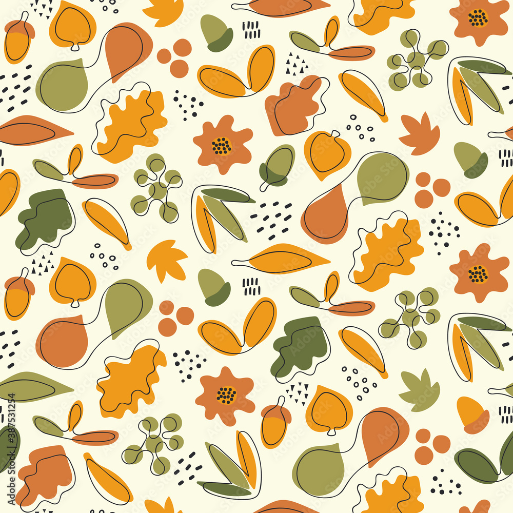Autumn seamless pattern - fall mood and colors with abstract shapes and sketches background Autumn seamless pattern - fall mood and colors with abstract shapes and sketches background