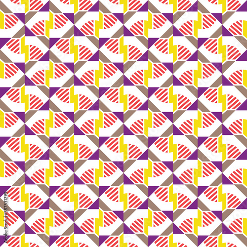 Vector seamless pattern texture background with geometric shapes  colored in red  yellow  brown  purple  white colors.