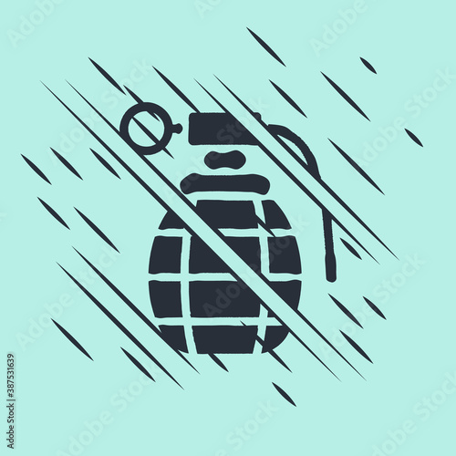 Black Hand grenade icon isolated on green background. Bomb explosion. Glitch style. Vector.