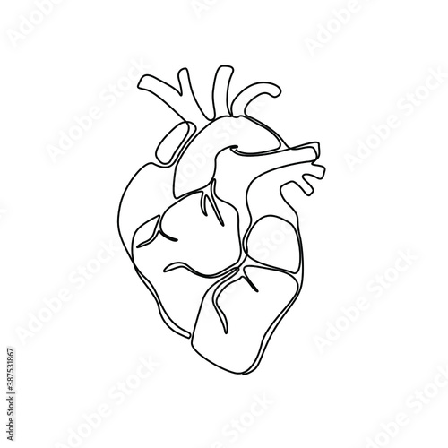 Heart continuous line drawing, isolated vector illustration, human heart small tattoo, print and logo design, single line on a white background.