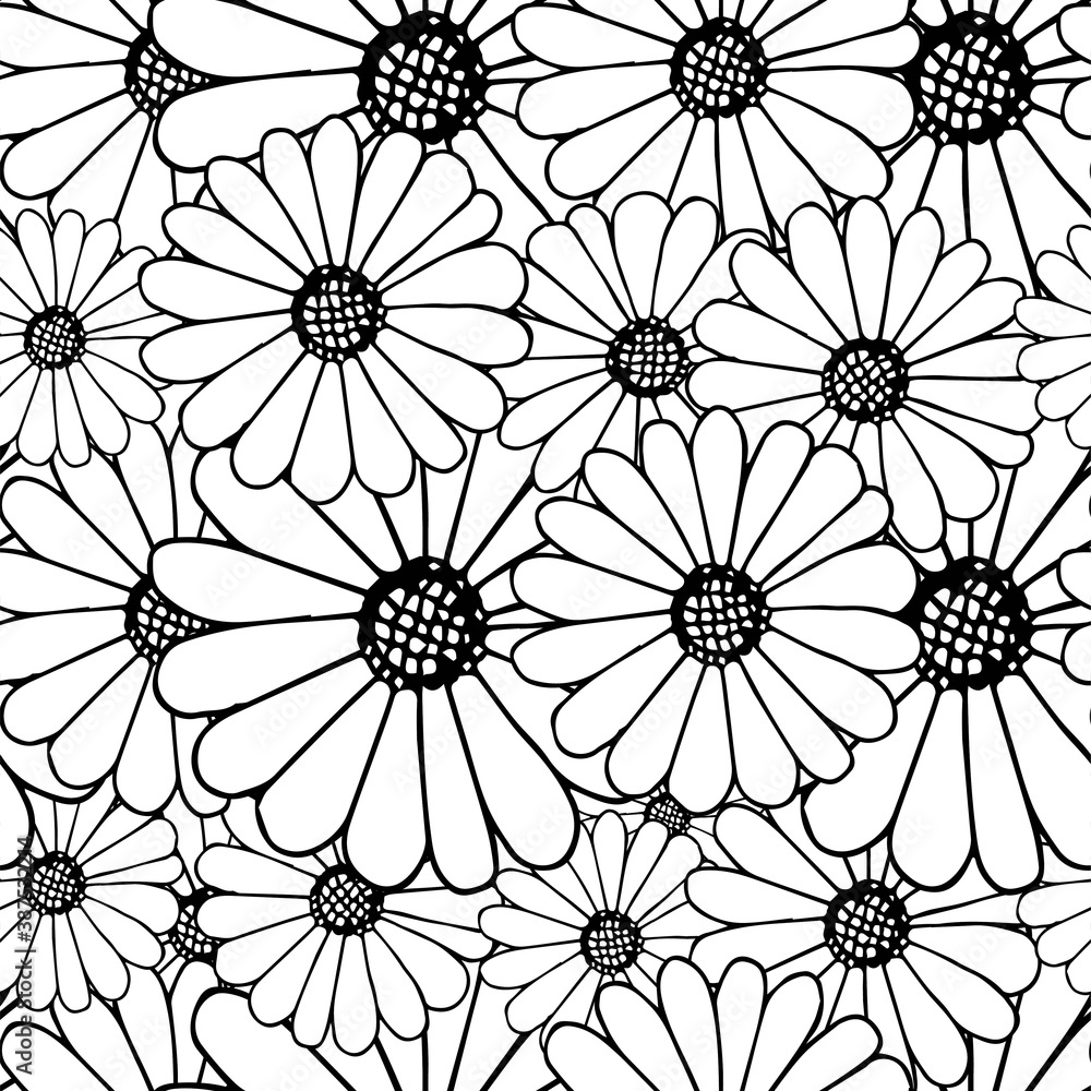 Outline daisy on white seamless background. Botanical endless pattern for fabric print, for wallpaper, for web, for print art design stock monochrome vector illustration for web, for print