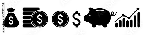 Set of money symbol. Cash icon. Money bag, piggy bank, graph, dollar sign