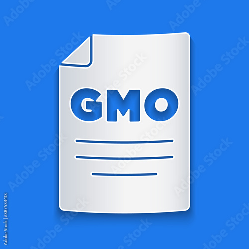 Paper cut GMO icon isolated on blue background. Genetically modified organism acronym. Dna food modification. Paper art style. Vector.