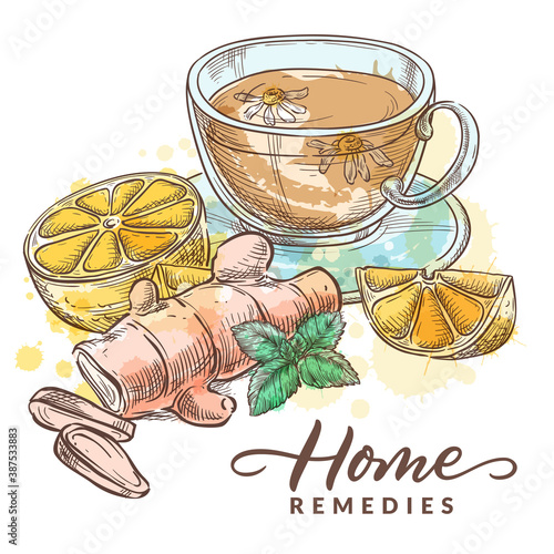 Tea with chamomile, lemon, ginger and mint. Home remedies treatment for colds, flu, coughs. Vector sketch illustration