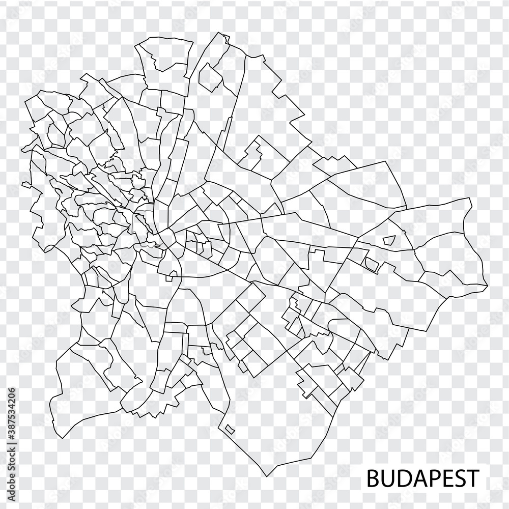 Obraz premium High Quality map of Budapest is a capital Hungary, with borders of the regions. Map of Budapest for your web site design, app, UI. EPS10.