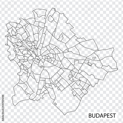 High Quality map of Budapest is a capital  Hungary, with borders of the regions. Map of Budapest for your web site design, app, UI. EPS10.
