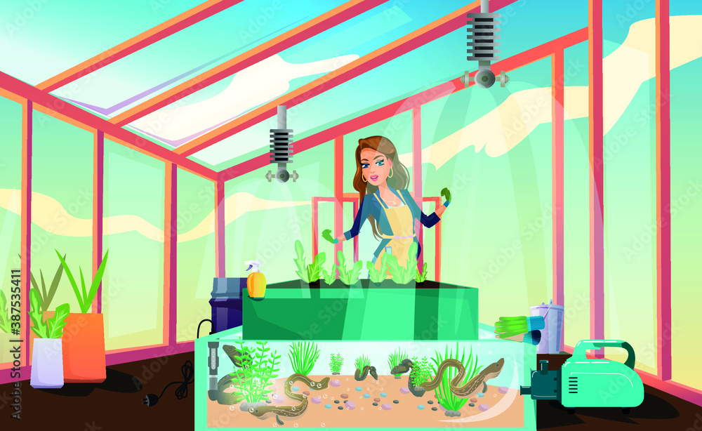 Girl working on aquaponic farm Girl working on aquaponic farm