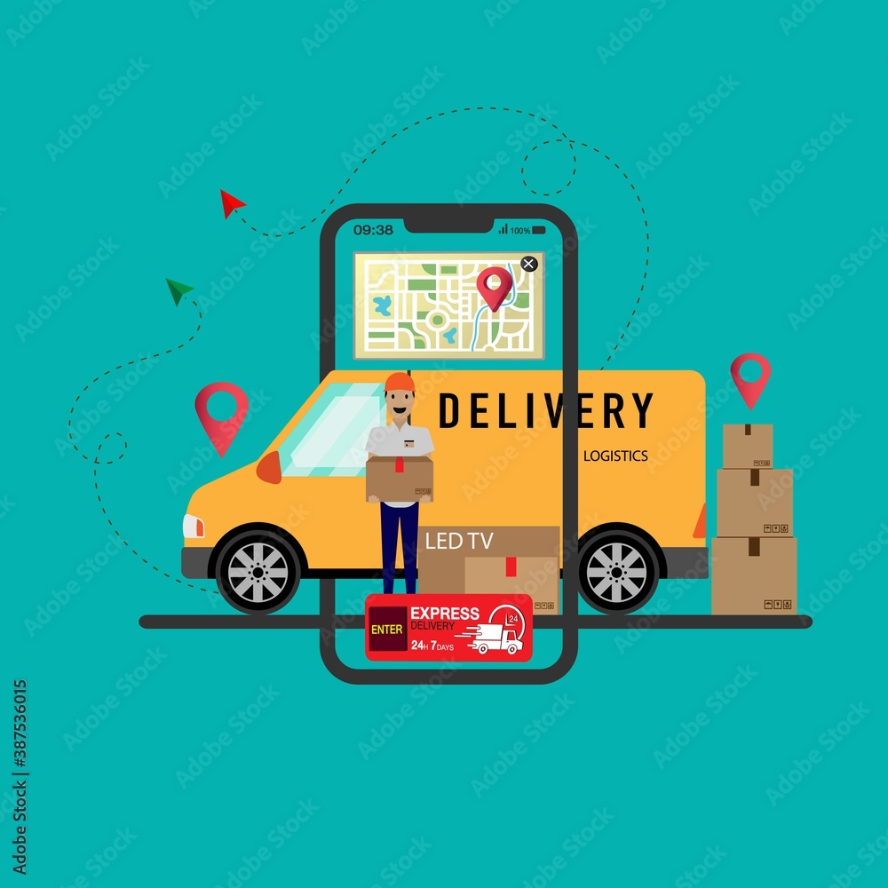 Online delivery mobile application on website vector concept. Delivery home and office. E-Commerce concept. City logistics. Vector illustration EPS10. Online delivery mobile application on website vector concept. Delivery home and office. E-Commerce concept. City logistics. Vector illustration EPS10.