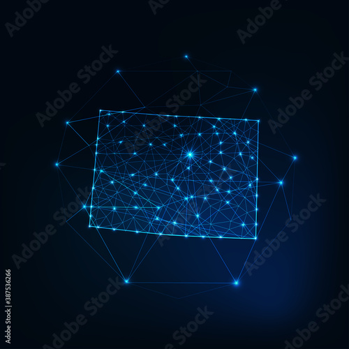 Colorado state USA map glowing silhouette made of stars lines dots triangles, low polygonal shapes.