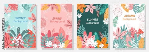 Vector set four seasons, winter, spring, summer, autumn, flowers and leaf design template, banner, cover, postcard.