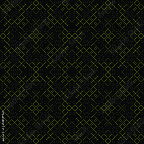 Geometric and seamless pattern. A simple abstract ornament with small shapes, squares and circles on black background