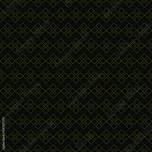 Geometric and seamless pattern. A simple abstract ornament with small shapes, squares and circles on black background