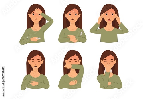 Symptoms of the disease, covid-19. Coronavirus warning. Woman with dangerous disease symptoms. Cough, fever, runny nose. Set of isolated vector illustrations in cartoon style