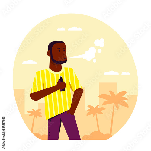 Male Character Enjoying Vape Smoking Outdoor, Flat Style Vector