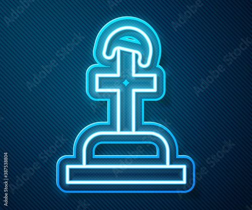 Glowing neon line Soldier grave icon isolated on blue background. Tomb of the unknown soldier. Vector.