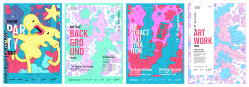 Set of funny posters with cartoon-style backgrounds. Colored painted  in doodle style. Mango and Strawberry. Cute monsters. Vector illustration. 