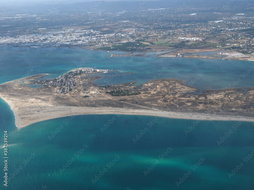Aerial view of the beautiful Algarve coast in Portugal seen on a flight to Faro