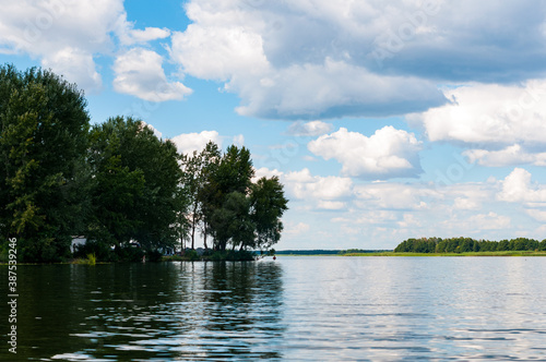 beautiful landscape of water and river coast with trees under blue sky with white clouds