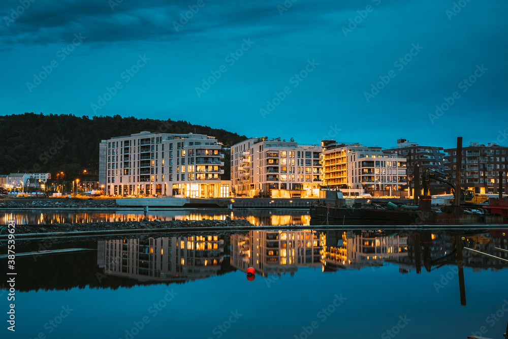 Oslo, Norway. Scenic Night Evening View Of Illuminated Residential Area District Downtown Sorenga