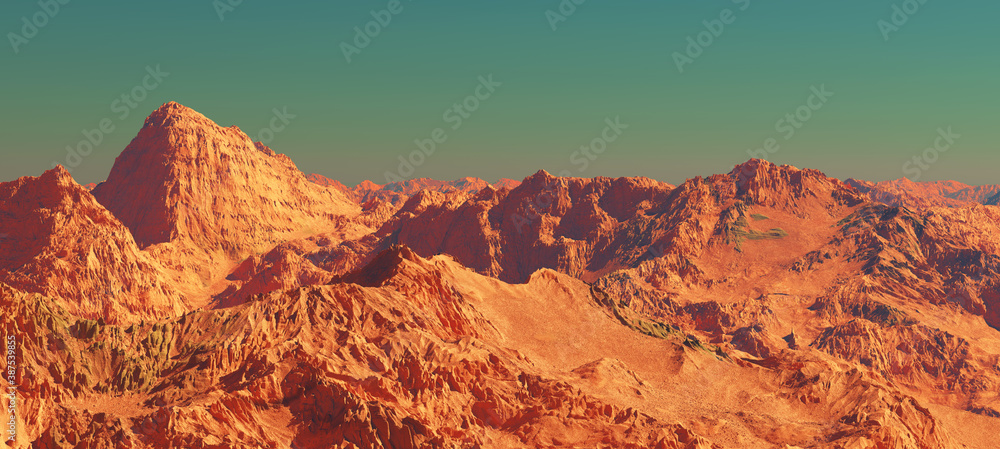 Planet mars landscape, 3d render of imaginary mars planet mountain terrain, science fiction illustration.