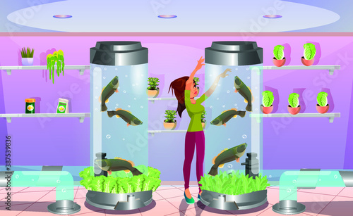 The girl grows vegetables and herbs using the aquaponics method.