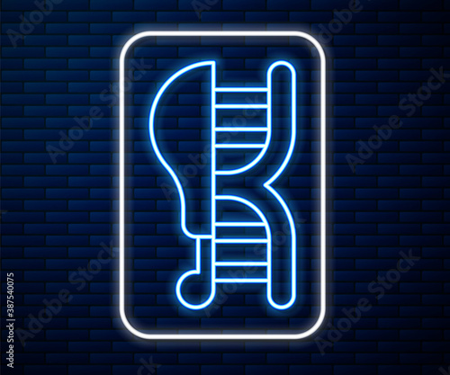 Glowing neon line Genetically modified chicken icon isolated on brick wall background. Syringe being injected to chicken. Vector.