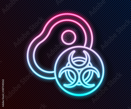 Glowing neon line Genetically modified meat icon isolated on black background. Syringe being injected to meat. Vector.