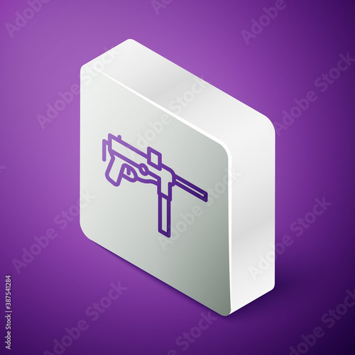 Isometric line Submachine gun M3, Grease gun icon isolated on purple background. Silver square button. Vector.