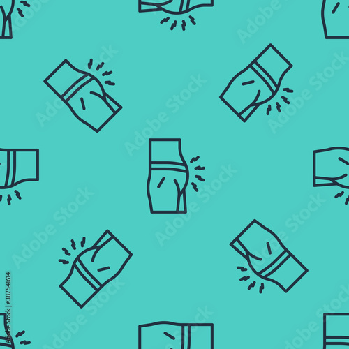 Black line Abdominal bloating icon isolated seamless pattern on green background. Constipation or diarrhea. Vector.