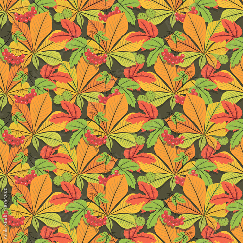 Fall. Viburnum. Chestnut. Autumn background. Autumn time. Seamless pattern. Concept template with bright autumn leaves, red berries. Vector illustration