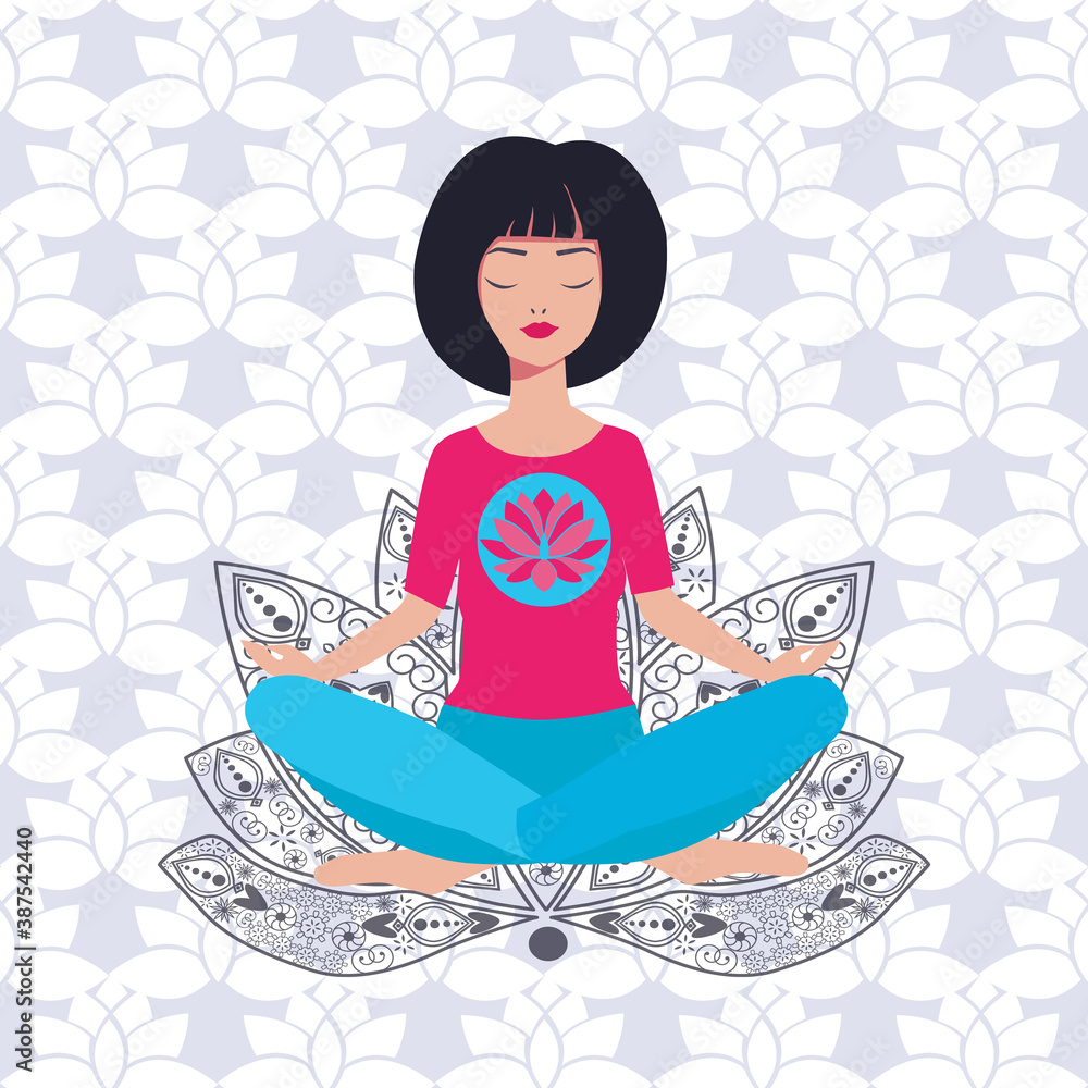 Yoga girl in lotus position and background with lotus Yoga girl in lotus position and background with lotus