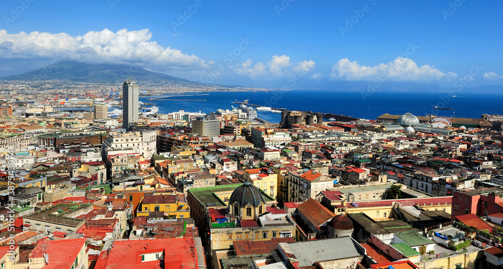 skyline of Naples, Vesuvius and port, Italy