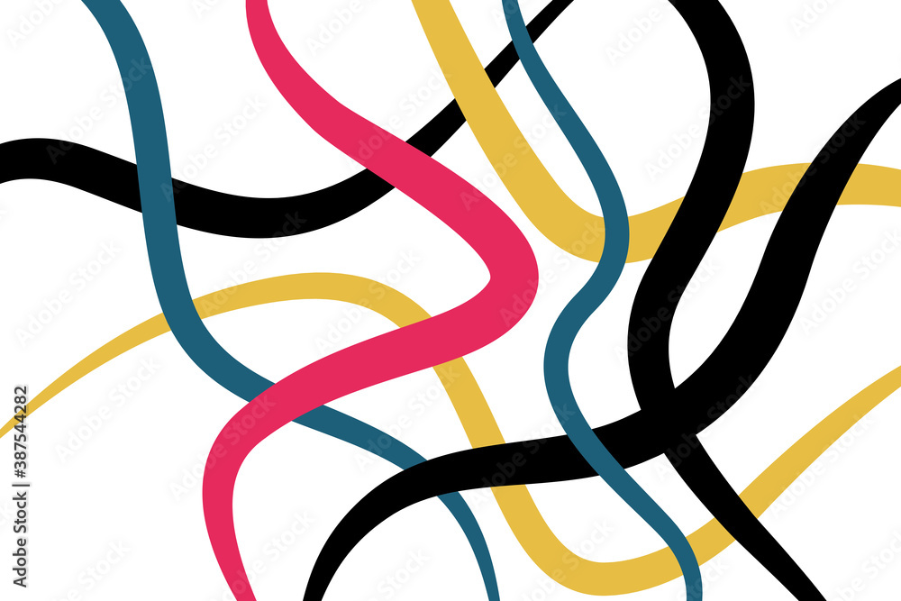 Abstract background pattern made with thick, curvy, colorful lines. Modern, chaotic, bold and vibrant vector art in yellow, red, blue and black colors. Abstract background pattern made with thick, curvy, colorful lines. Modern, chaotic, bold and vibrant vector art in yellow, red, blue and black colors.