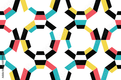 Seamless, abstract background pattern made with colorful trapezoid shapes forming decagons. Modern, trendy, playful and fun vector art in red, blue, yellow and black colors.