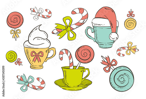 Festive Christmas tea coffee cups, lollipops and bows - Colorful holiday Isolated vector illustrations