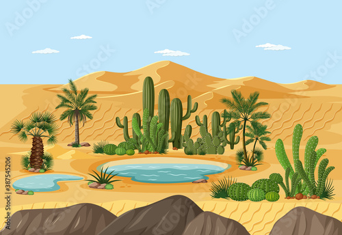 Desert oasis with palms and cactus nature landscape scene