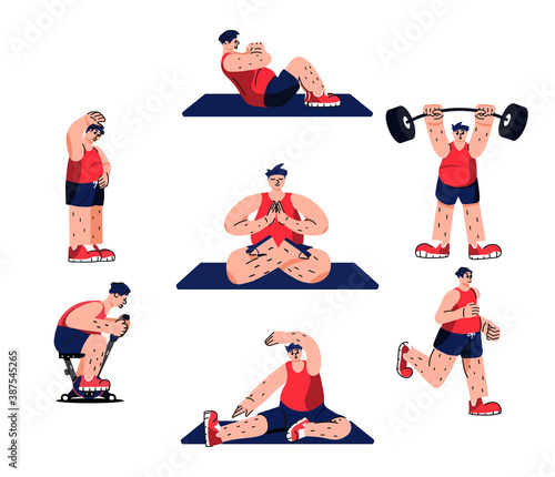 Fun cartoon male character doing physical activities. Collection of overweight man doing sport exercises. Healthy lifestyle, mindfulness, weight loss concept. Flat hand drawn vector illustration. 