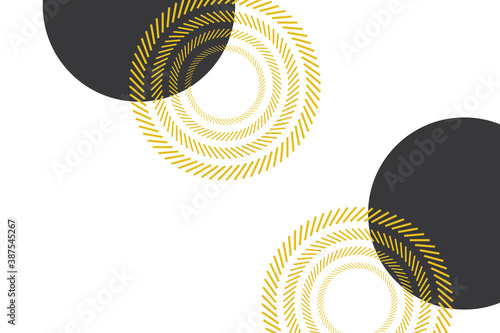 Abstract, geometric background with circles made with short, inclined lines. Simple, modern and minimal vector art. Yellow and dark grey colored.